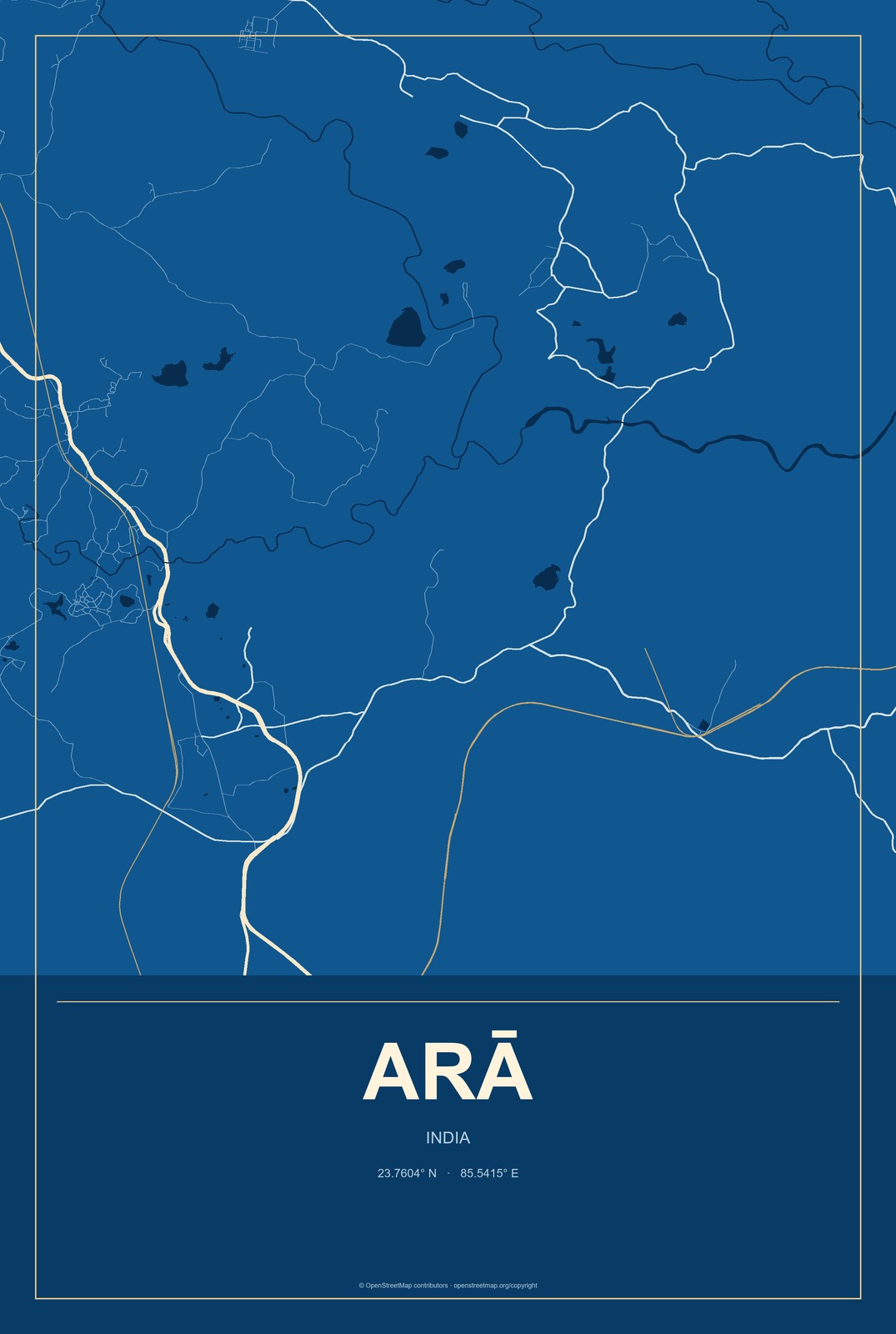 Arā, India City Map Aluminum Sign in Harbor Cobalt style