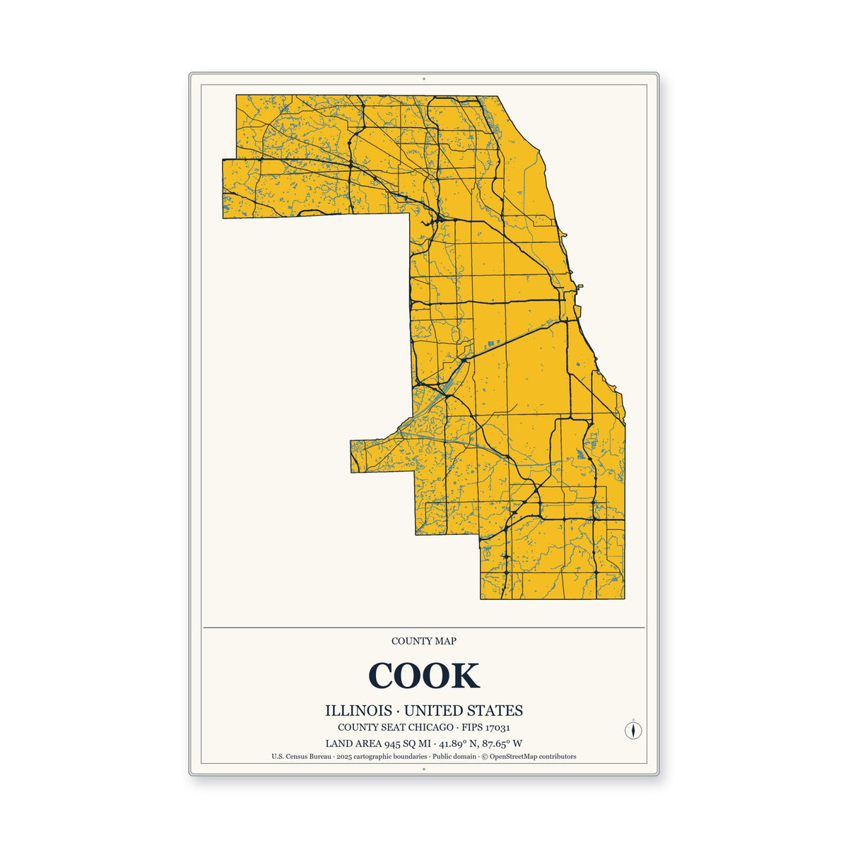 Cook County, Illinois Map Aluminum Sign in Citrine Modern style