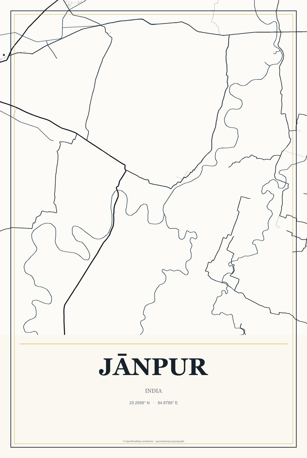 Jānpur, India City Map Aluminum Sign in Citrine Modern style