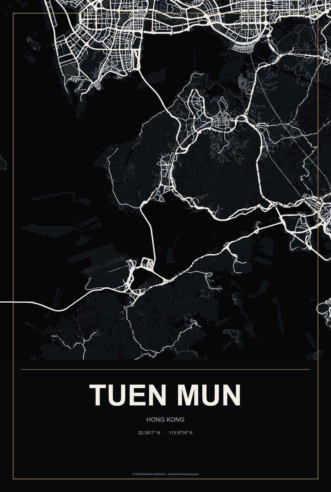 Tuen Mun, Hong Kong City Map Aluminum Sign in Metropolitan Noir style