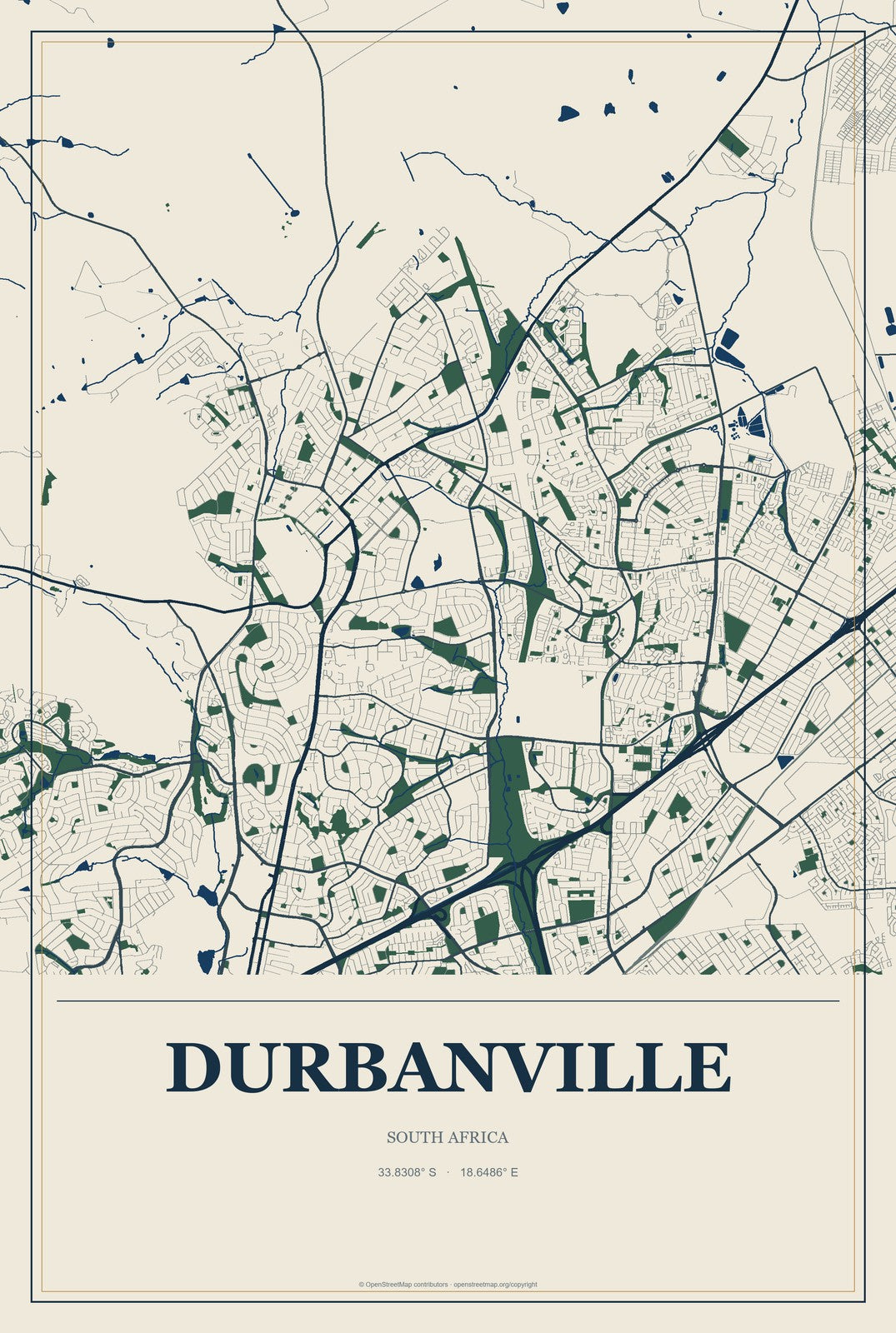 Durbanville, South Africa City Map Aluminum Sign in Coastal Cutout style