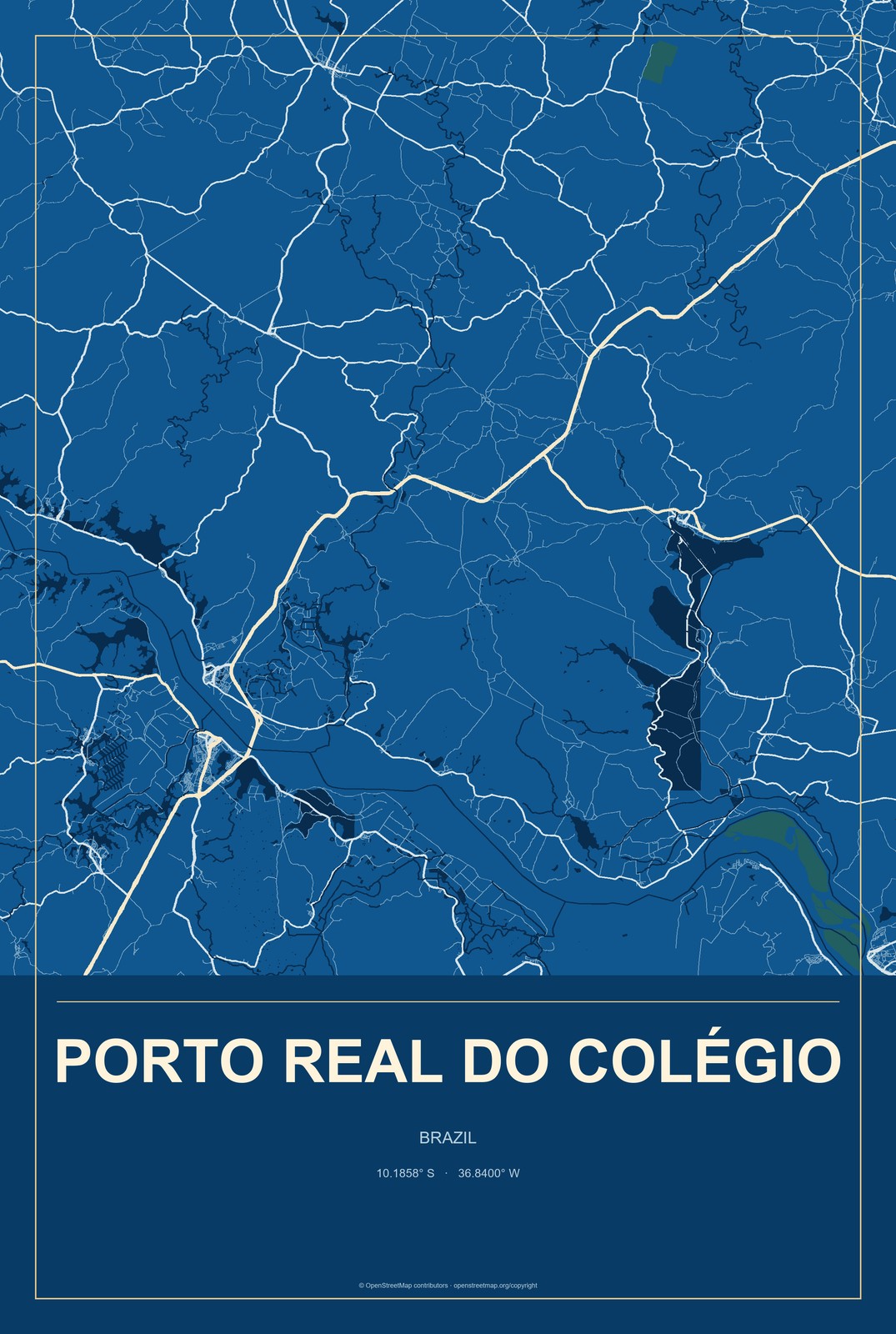 Porto Real do Colégio, Brazil City Map Aluminum Sign in Harbor Cobalt style