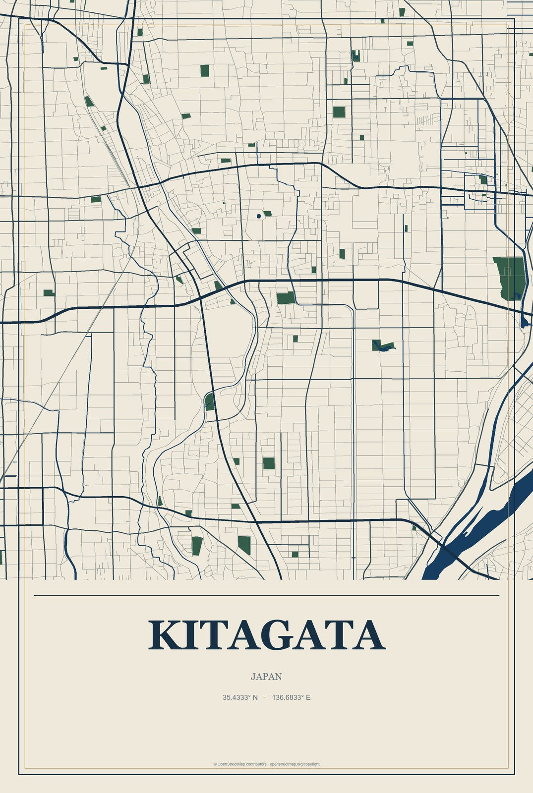 Kitagata, Japan City Map Aluminum Sign in Coastal Cutout style