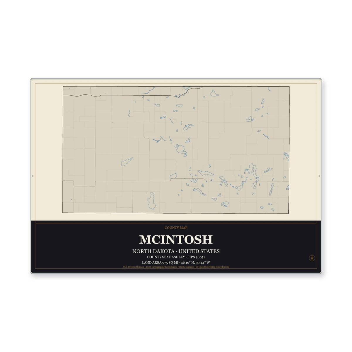 McIntosh County, North Dakota Map Aluminum Sign in Museum Plaque style
