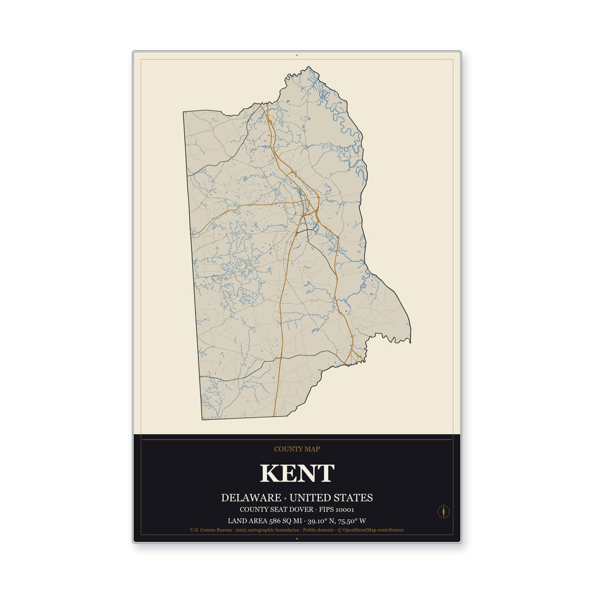 Kent County, Delaware Map Aluminum Sign in Museum Plaque style