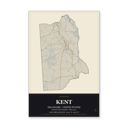 Kent County, Delaware Map Aluminum Sign in Museum Plaque style