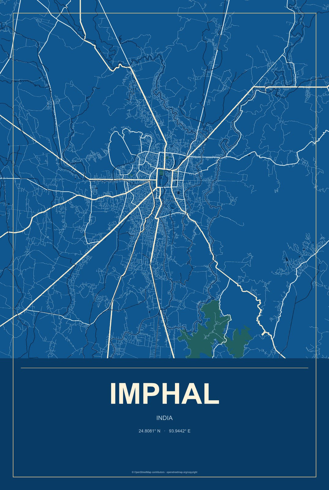 Imphal, India City Map Aluminum Sign in Harbor Cobalt style