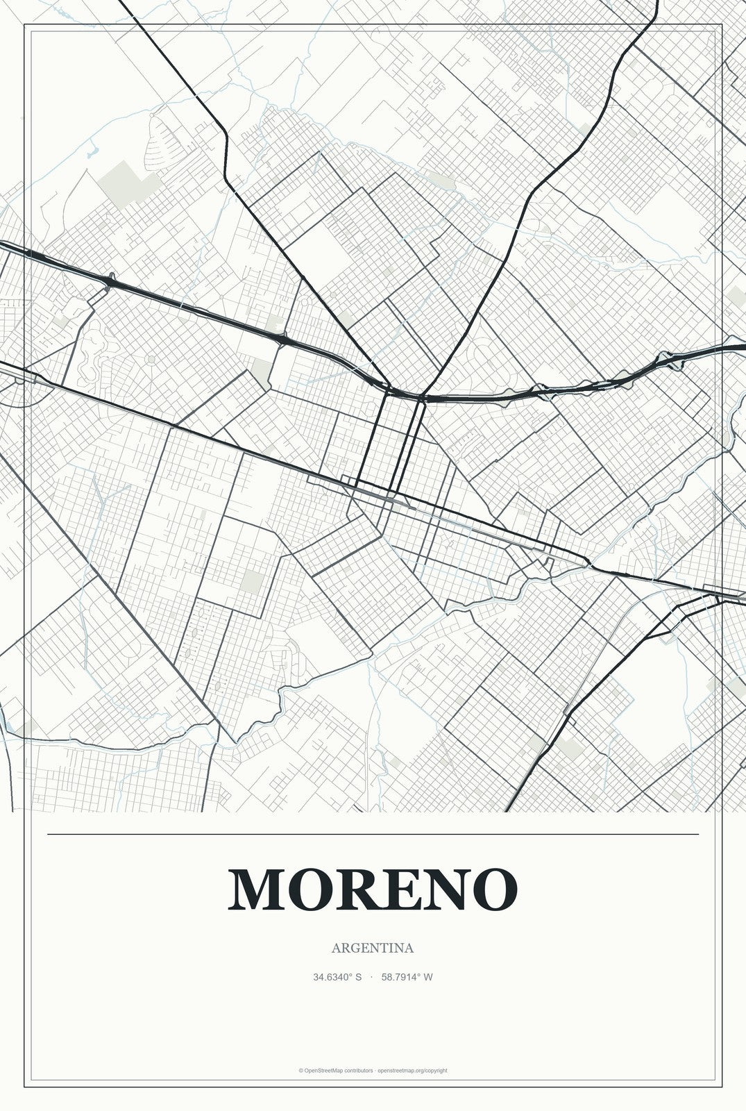 Moreno, Argentina City Map Aluminum Sign in Gallery Air style