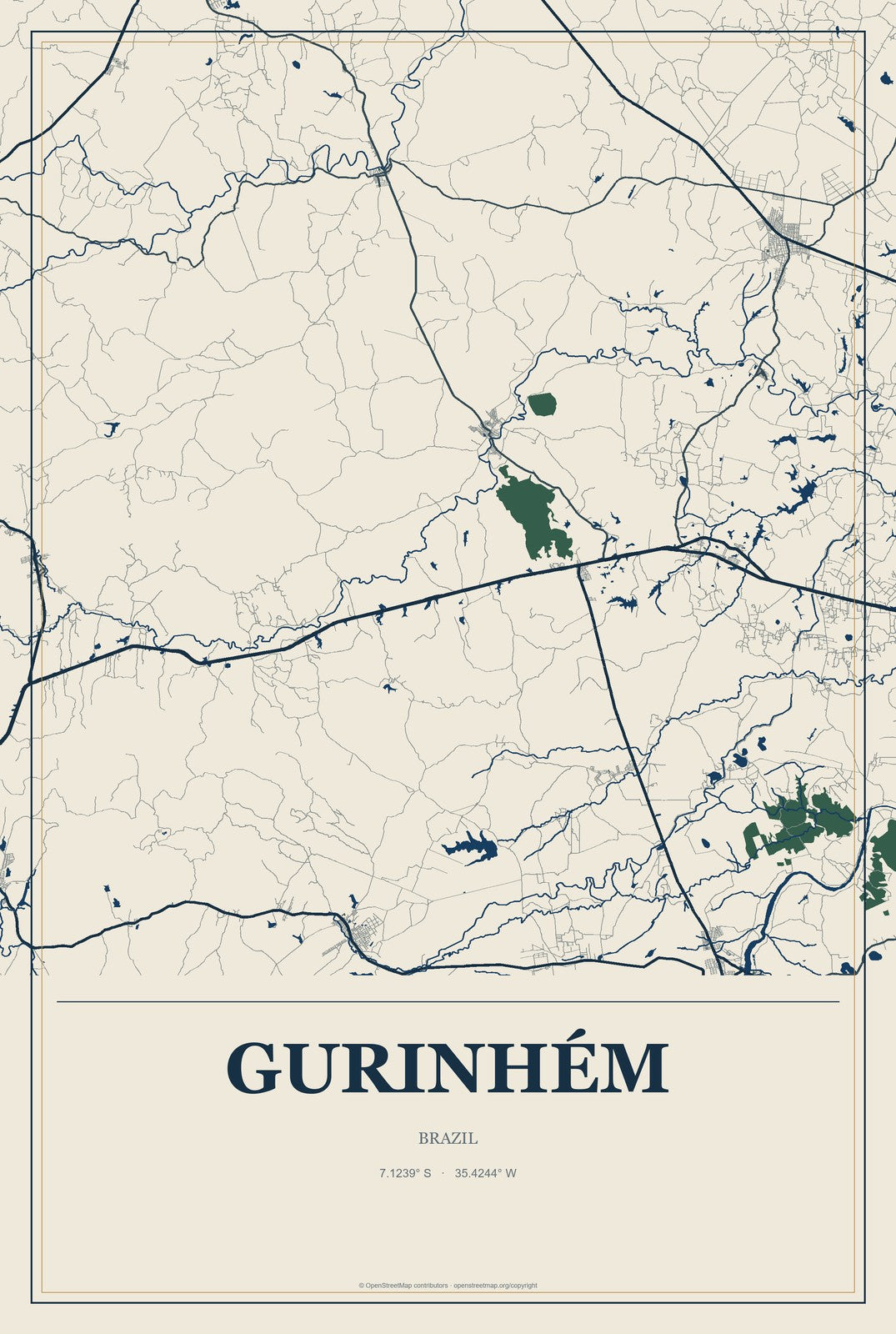 Gurinhém, Brazil City Map Aluminum Sign in Coastal Cutout style