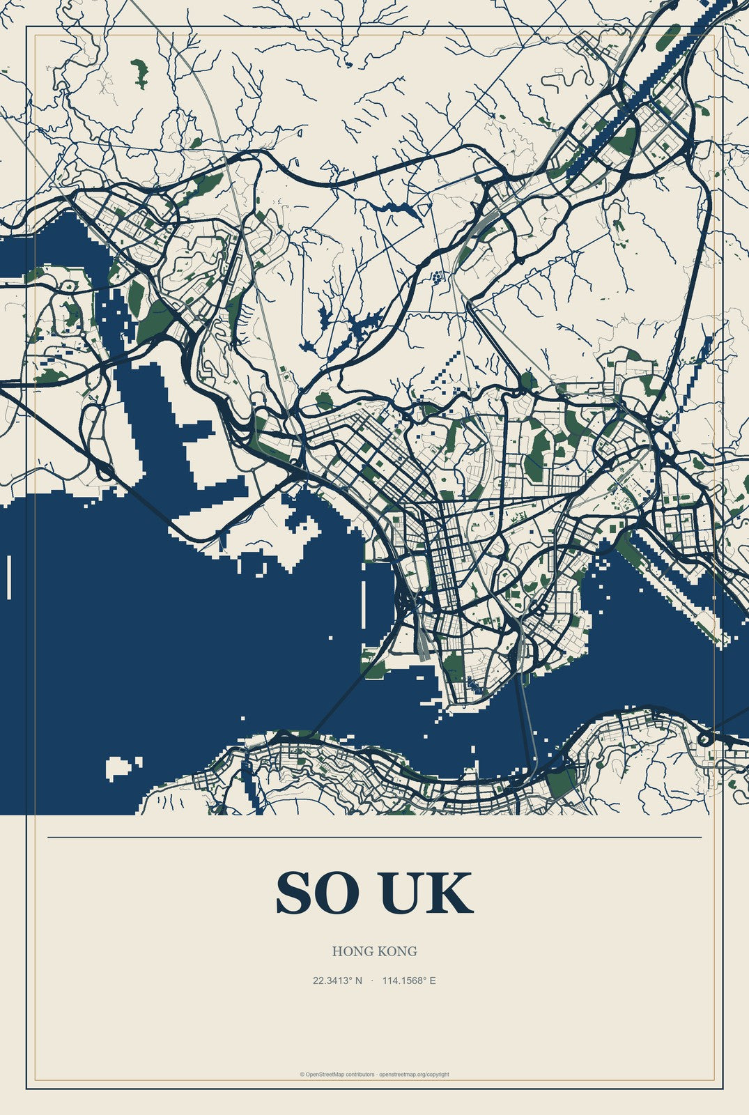 So Uk, Hong Kong City Map Aluminum Sign in Coastal Cutout style