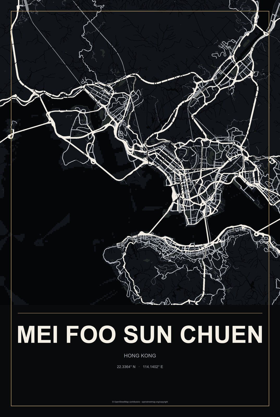 Mei Foo Sun Chuen, Hong Kong City Map Aluminum Sign in Metropolitan Noir style