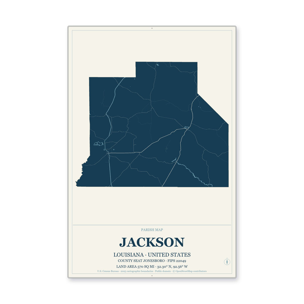 Jackson Parish, Louisiana Map Aluminum Sign in Coastal Cutout style