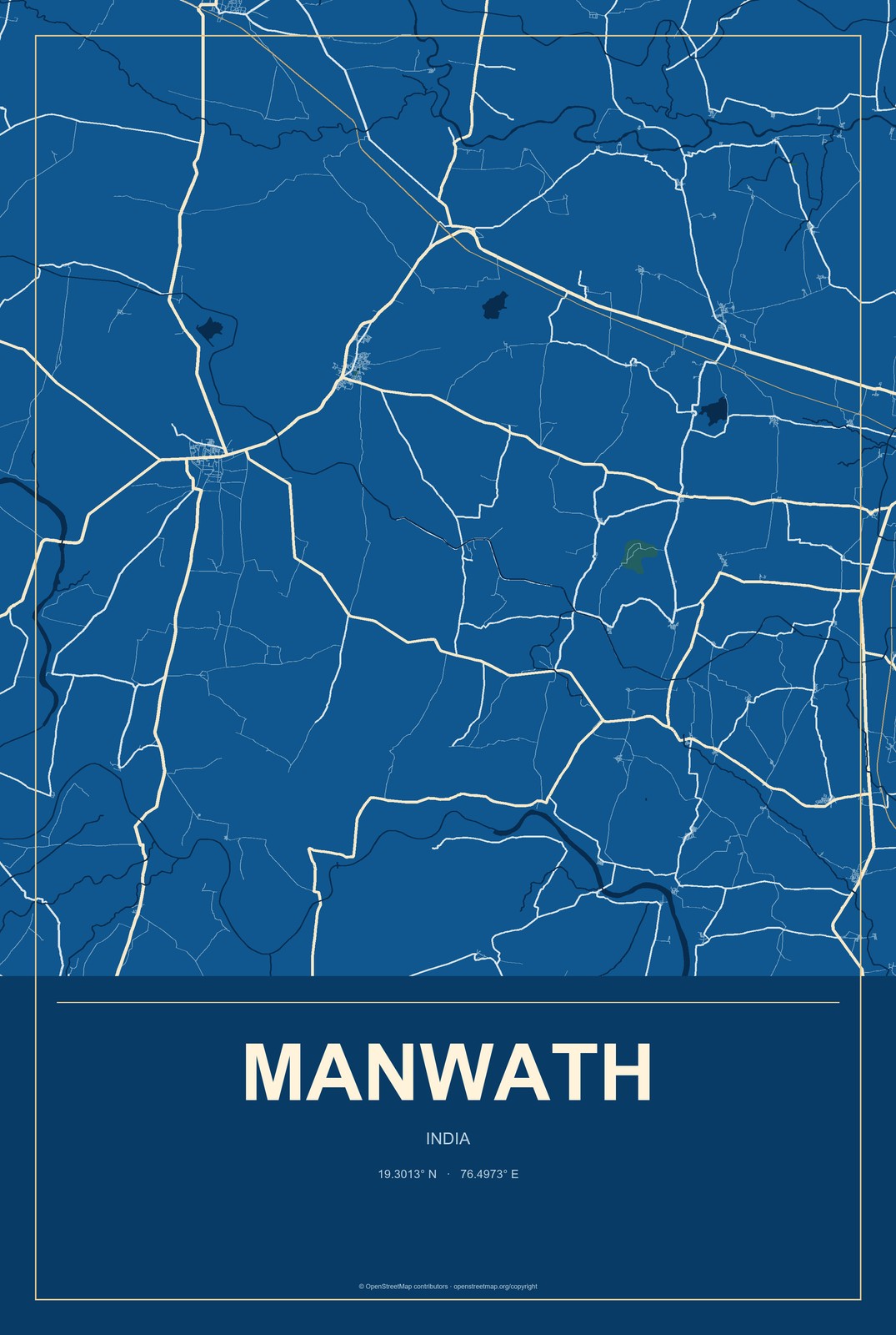 Manwath, India City Map Aluminum Sign in Harbor Cobalt style