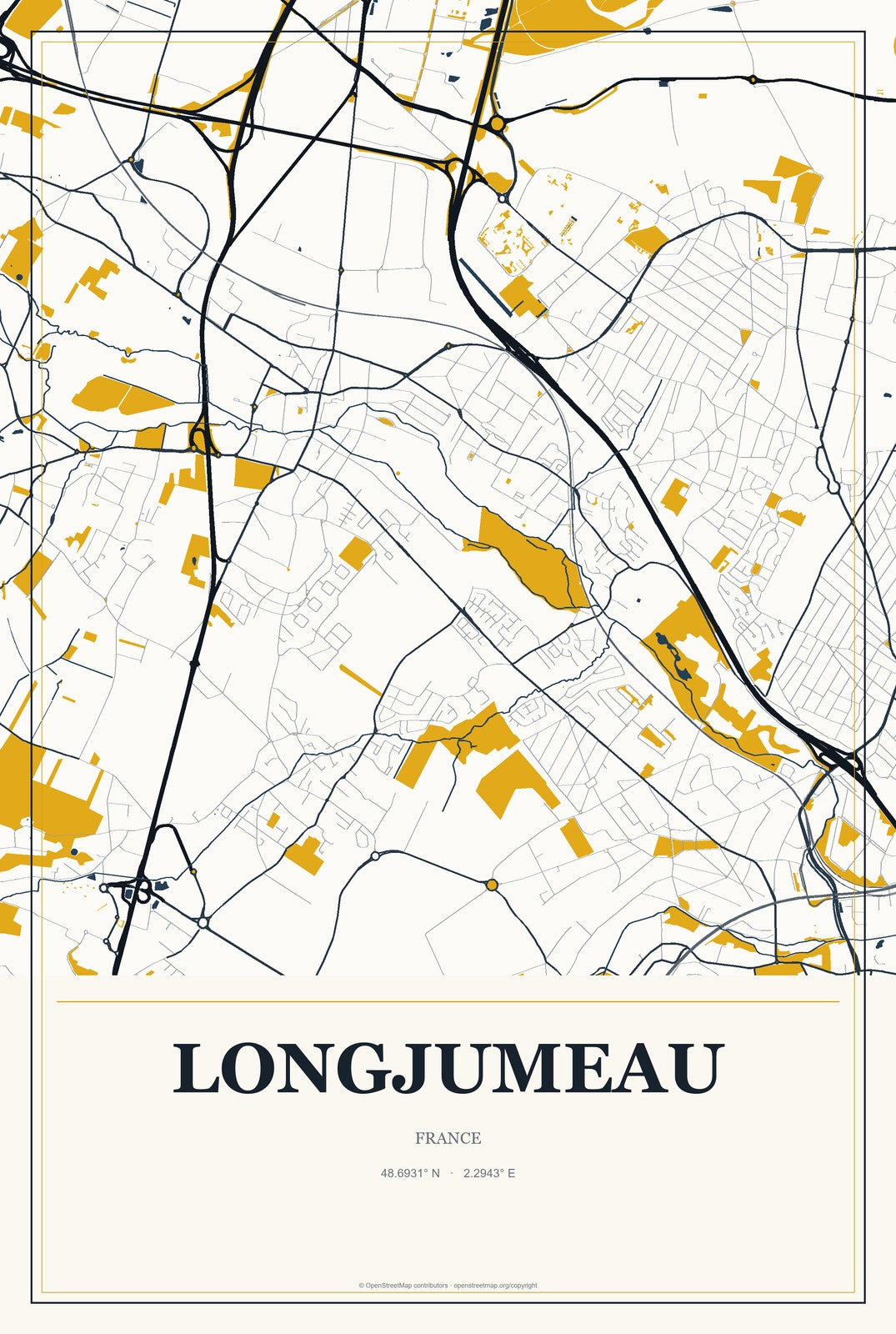 Longjumeau, France City Map Aluminum Sign in Citrine Modern style