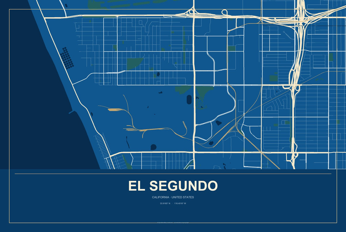 El Segundo, California City Map Aluminum Sign in Harbor Cobalt style