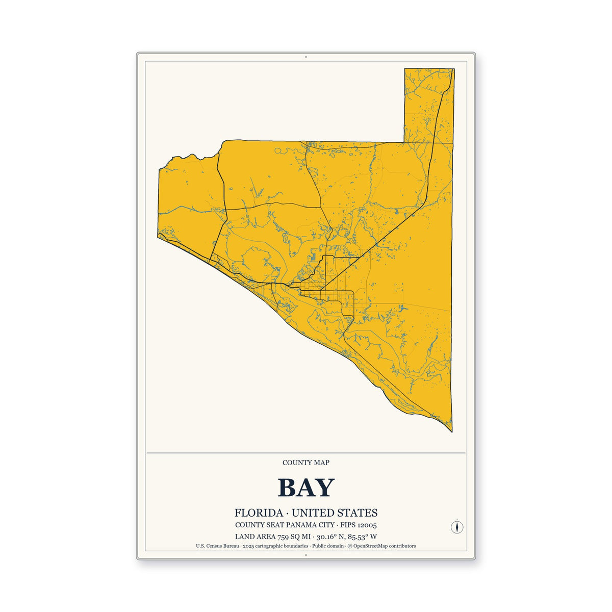 Bay County, Florida Map Aluminum Sign in Citrine Modern style