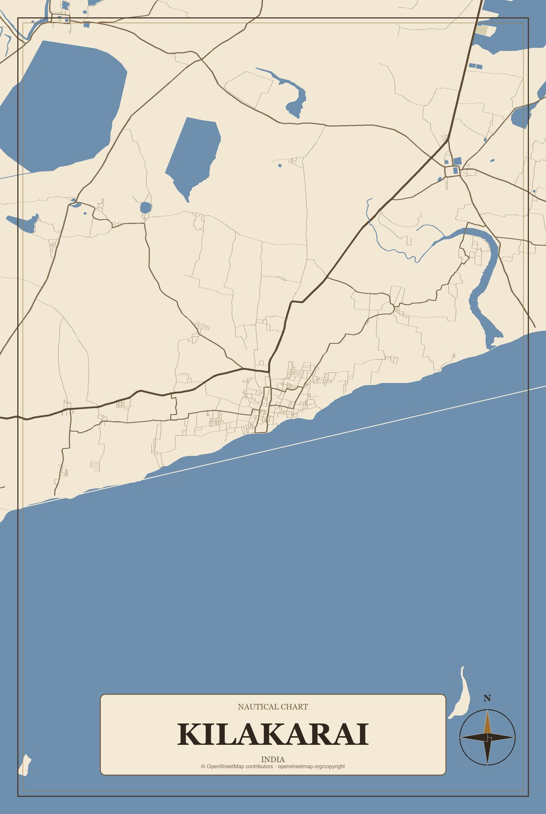 Kilakarai, India City Map Aluminum Sign in Heritage Nautical style