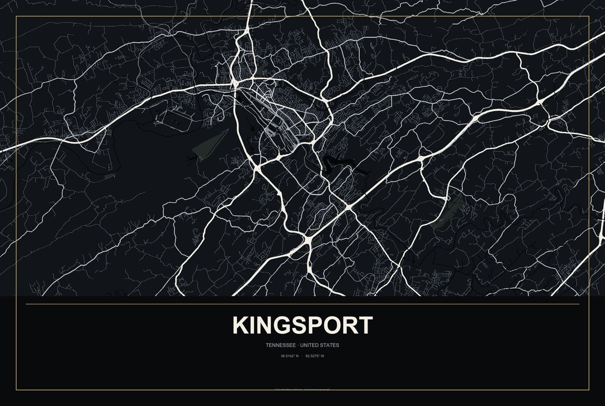 Kingsport, Tennessee City Map Aluminum Sign in Metropolitan Noir style