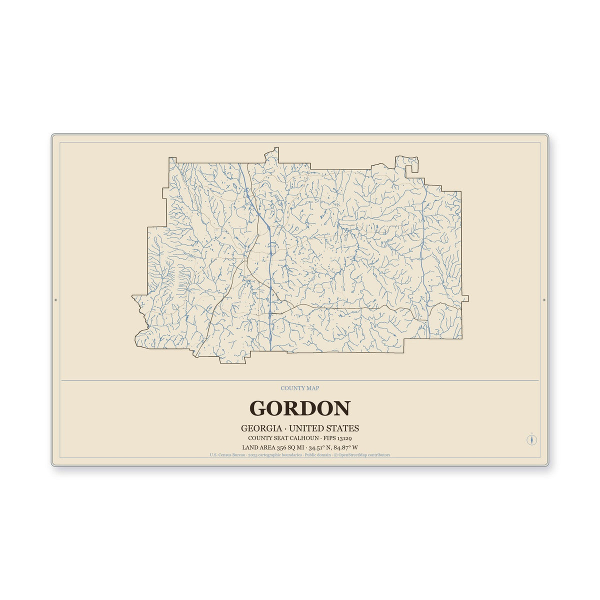 Gordon County, Georgia Map Aluminum Sign in Heritage Nautical style