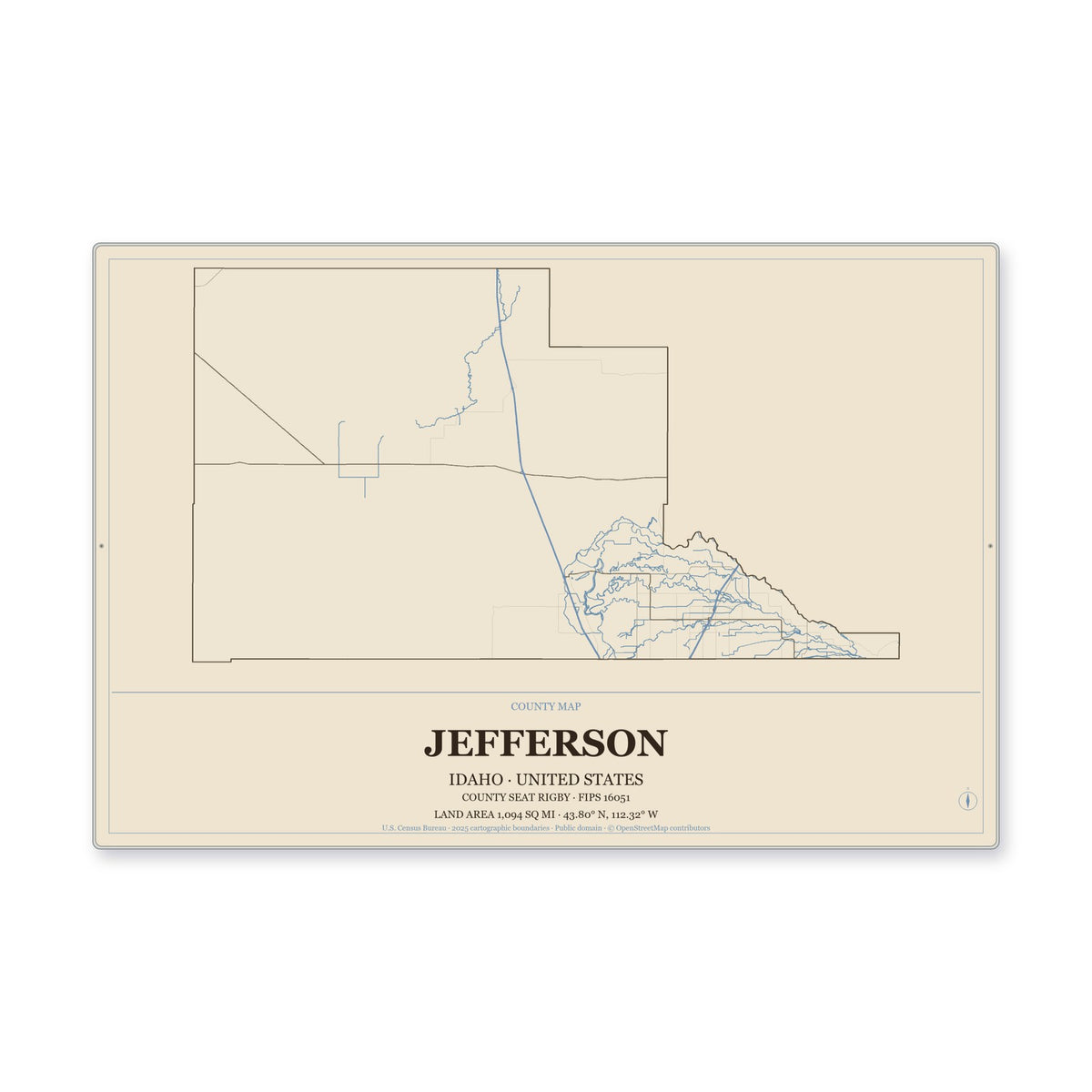 Jefferson County, Idaho Map Aluminum Sign in Heritage Nautical style