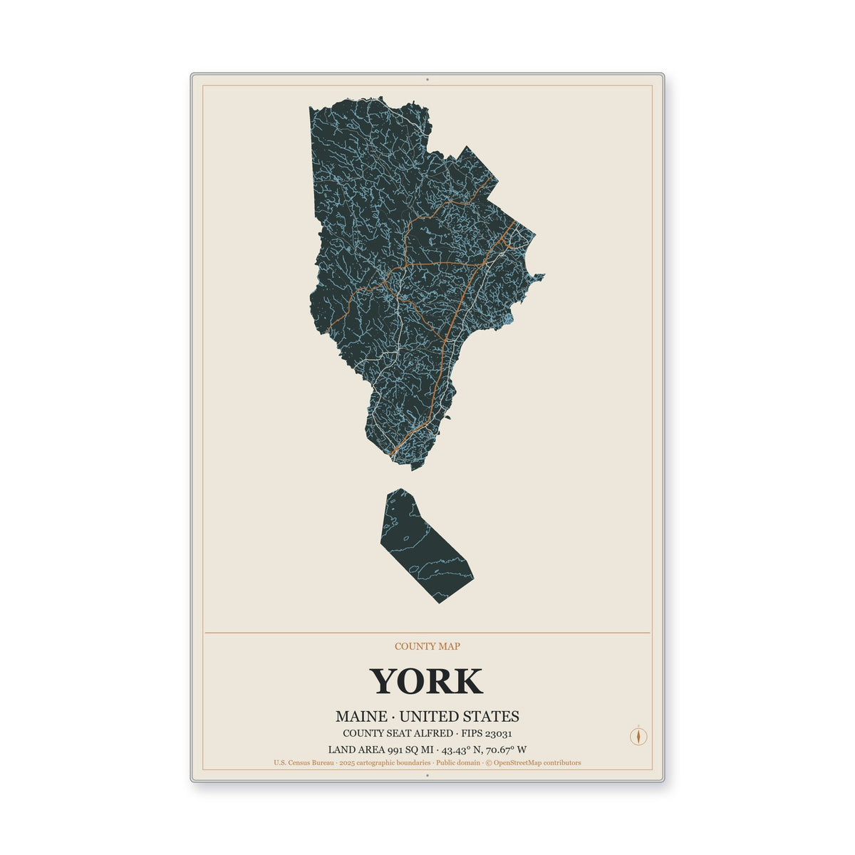 York County, Maine Map Aluminum Sign in Headline Atlas style