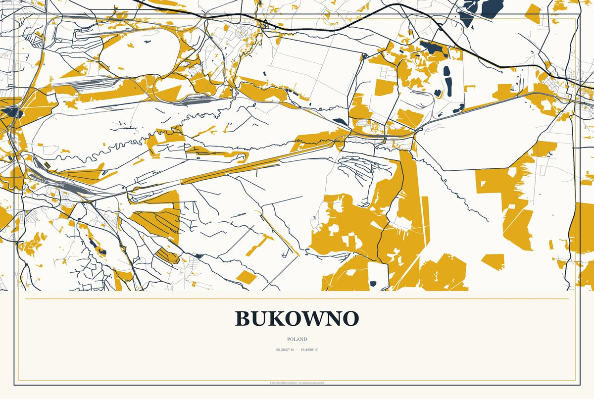 Bukowno, Poland City Map Aluminum Sign in Citrine Modern style
