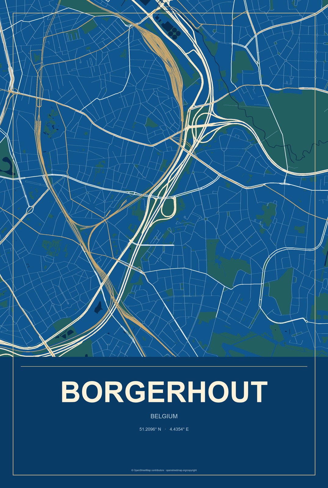 Borgerhout, Belgium City Map Aluminum Sign in Harbor Cobalt style
