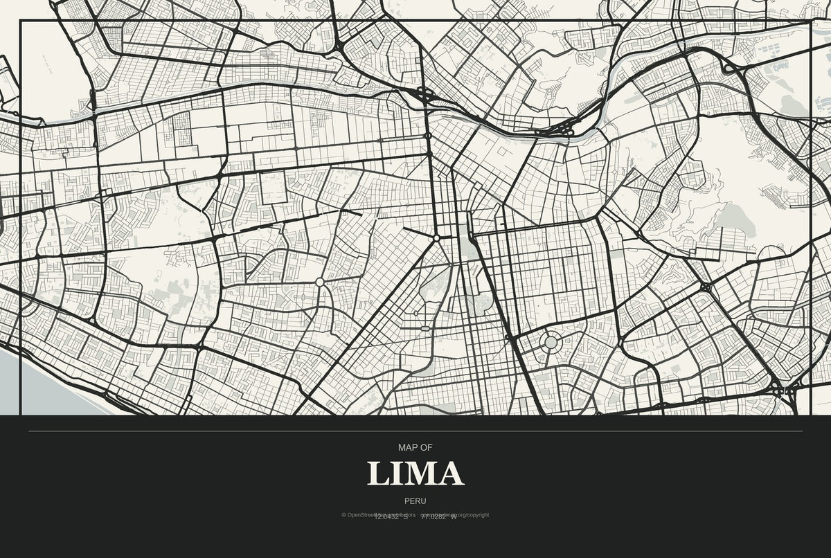 Lima, Peru City Map Aluminum Sign in Museum Plaque style
