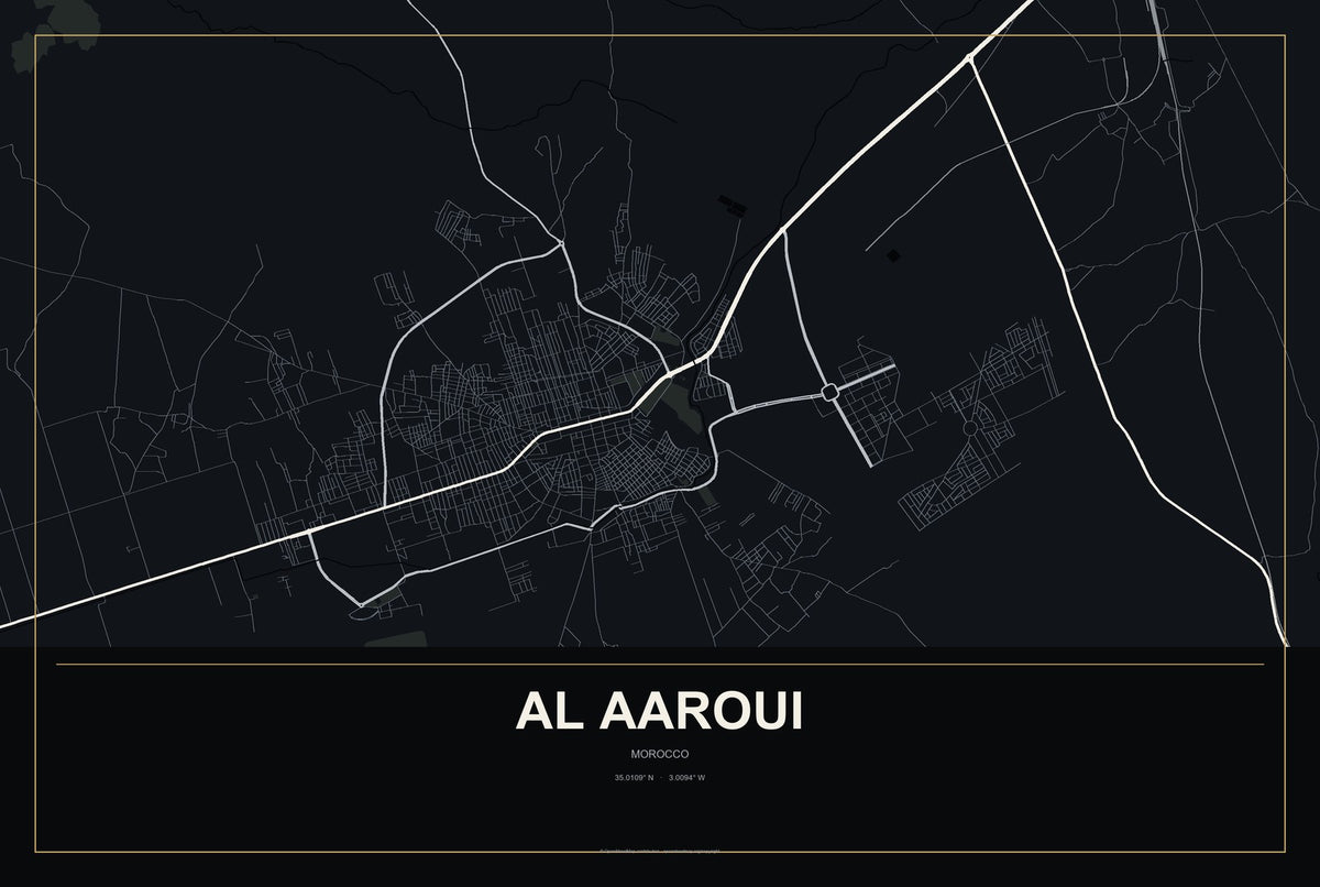 Al Aaroui, Morocco City Map Aluminum Sign in Metropolitan Noir style