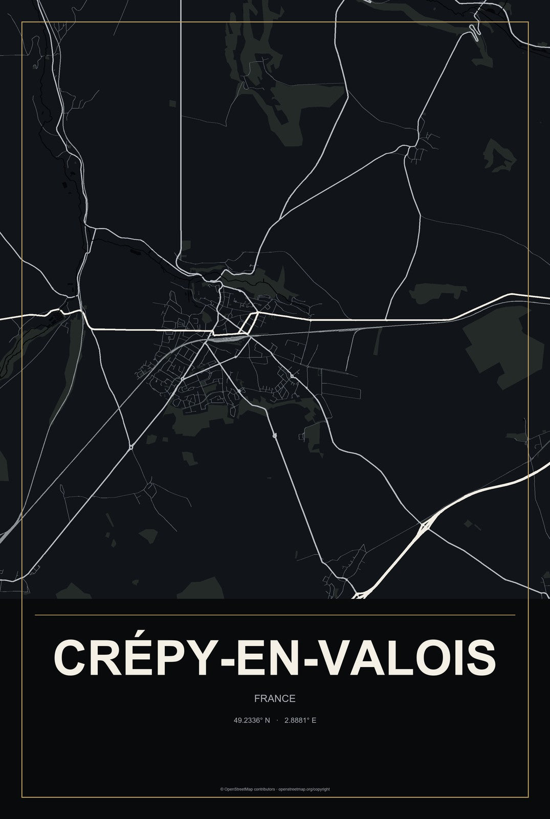 Crépy-en-Valois, France City Map Aluminum Sign in Metropolitan Noir style