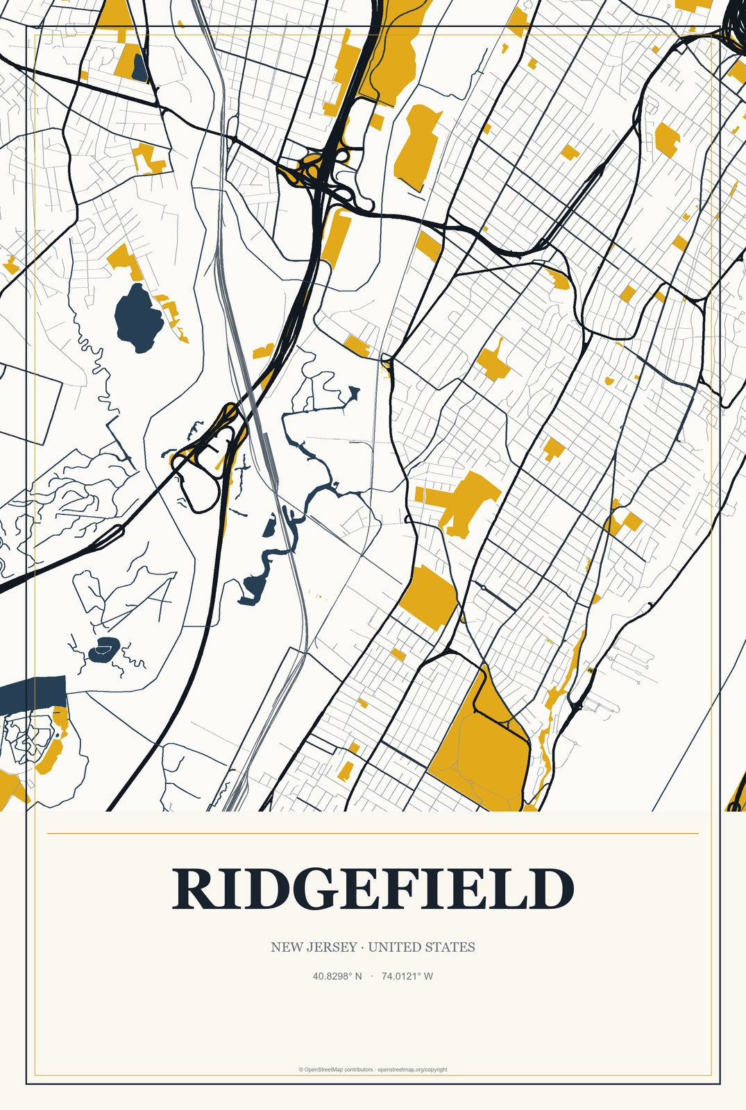 Ridgefield, New Jersey City Map Aluminum Sign in Citrine Modern style