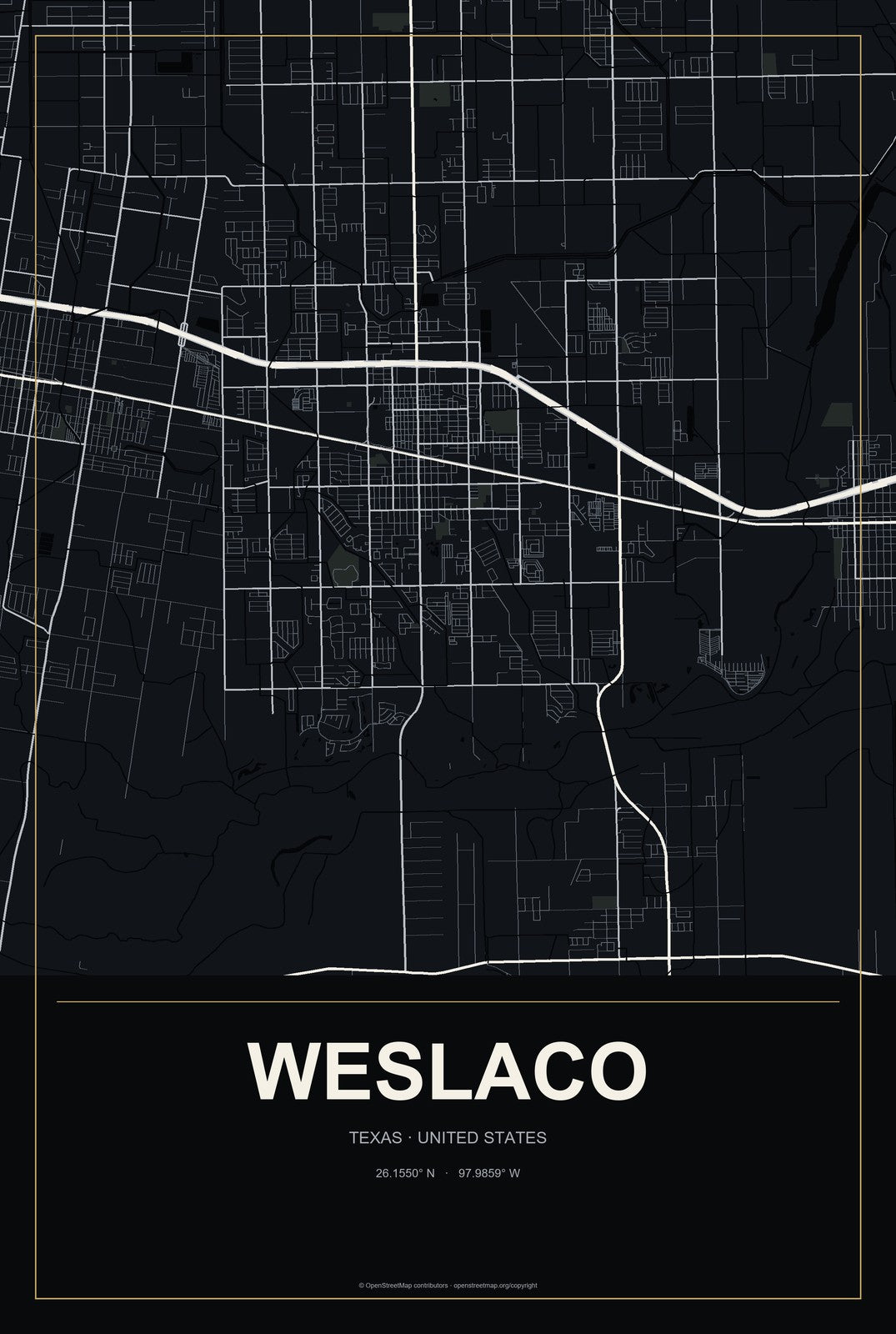 Weslaco, Texas City Map Aluminum Sign in Metropolitan Noir style