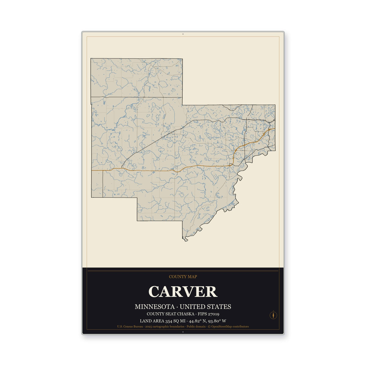Carver County, Minnesota Map Aluminum Sign in Museum Plaque style