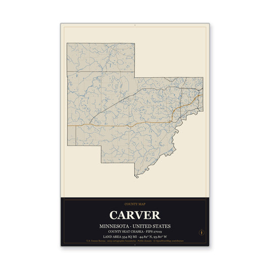 Carver County, Minnesota Map Aluminum Sign in Museum Plaque style