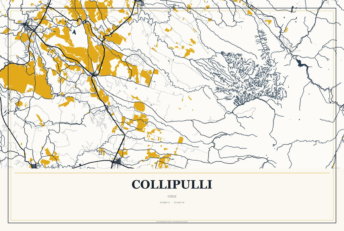 Collipulli, Chile City Map Aluminum Sign in Citrine Modern style