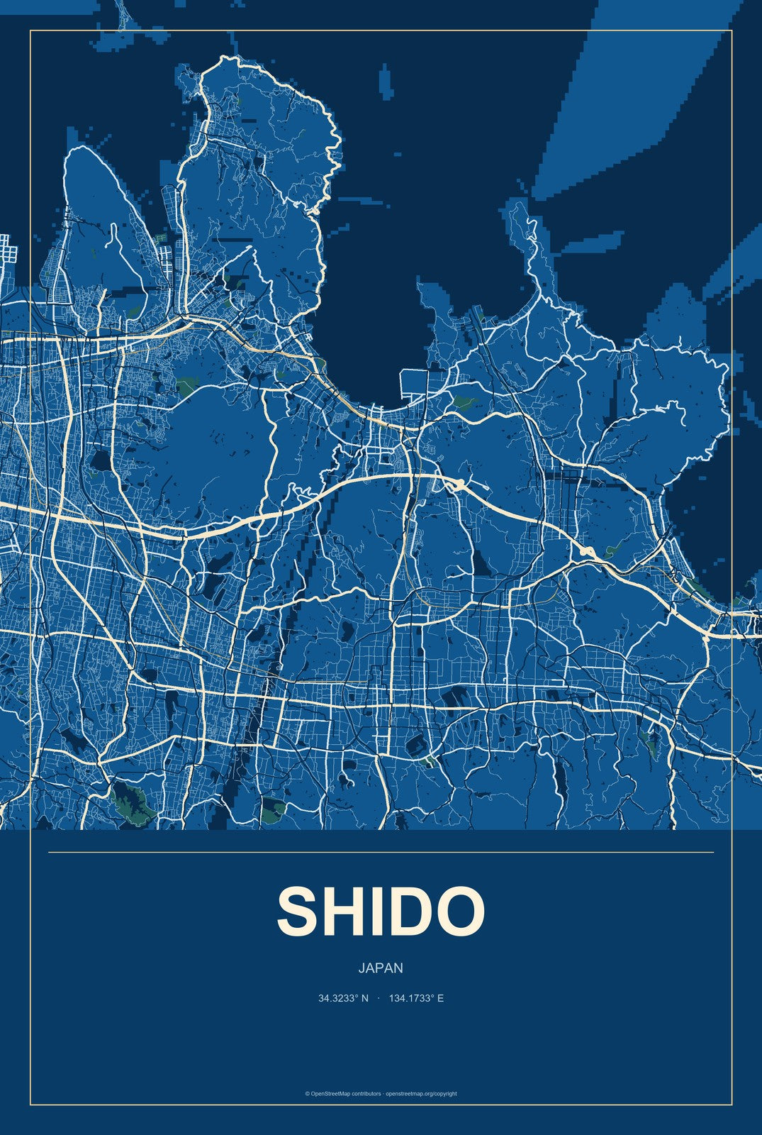 Shido, Japan City Map Aluminum Sign in Harbor Cobalt style
