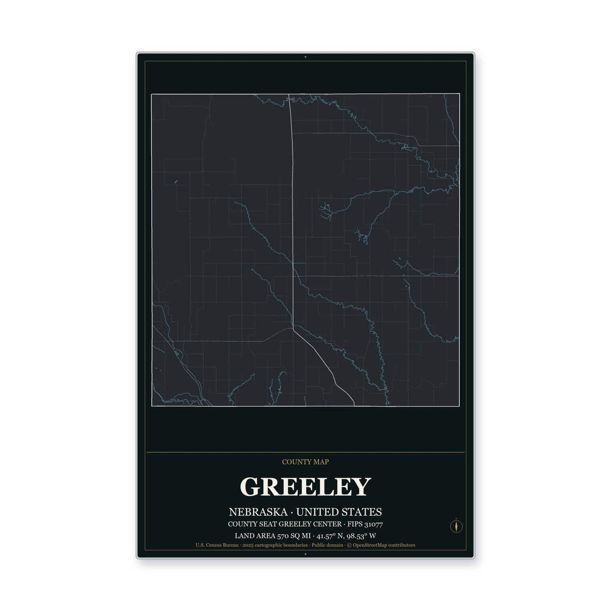 Greeley County, Nebraska Map Aluminum Sign in Metropolitan Noir style