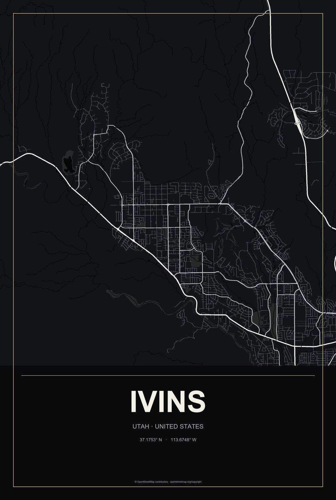 Ivins, Utah City Map Aluminum Sign in Metropolitan Noir style