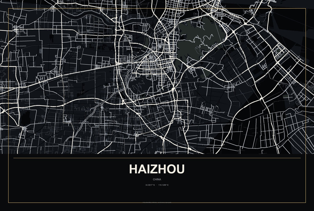 Haizhou, China City Map Aluminum Sign in Metropolitan Noir style