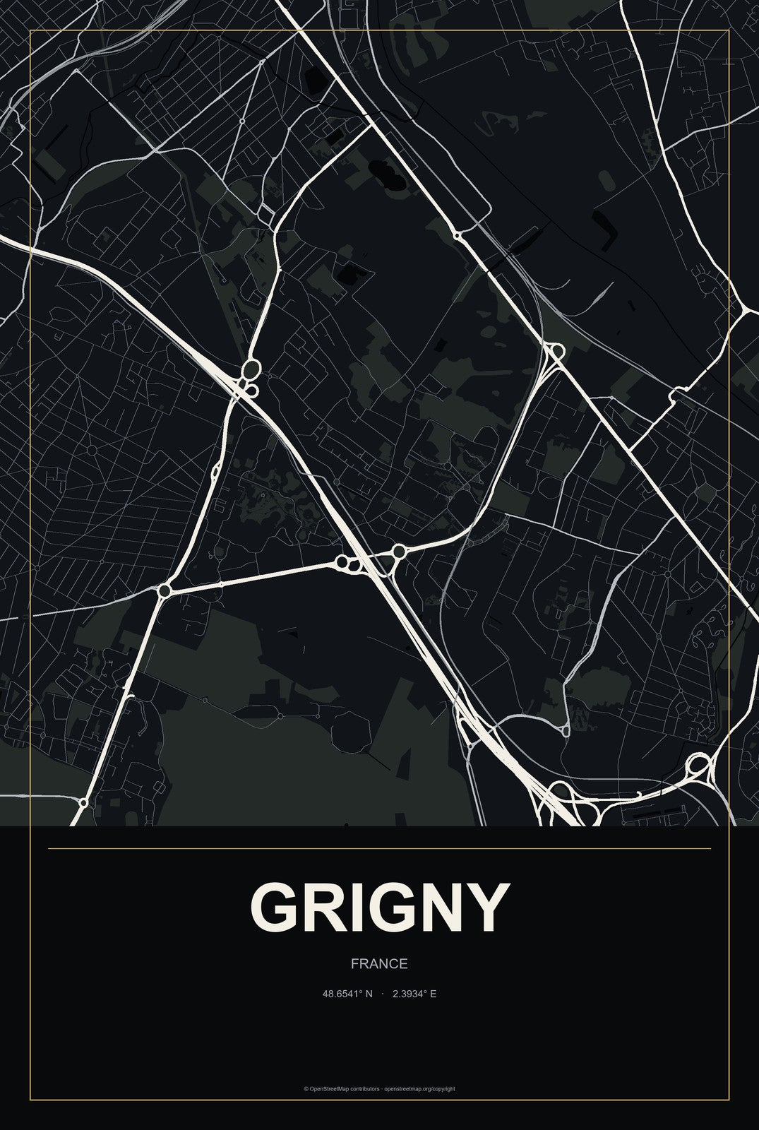 Grigny, France City Map Aluminum Sign in Metropolitan Noir style