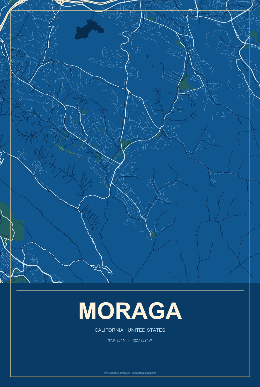 Moraga, California City Map Aluminum Sign in Harbor Cobalt style