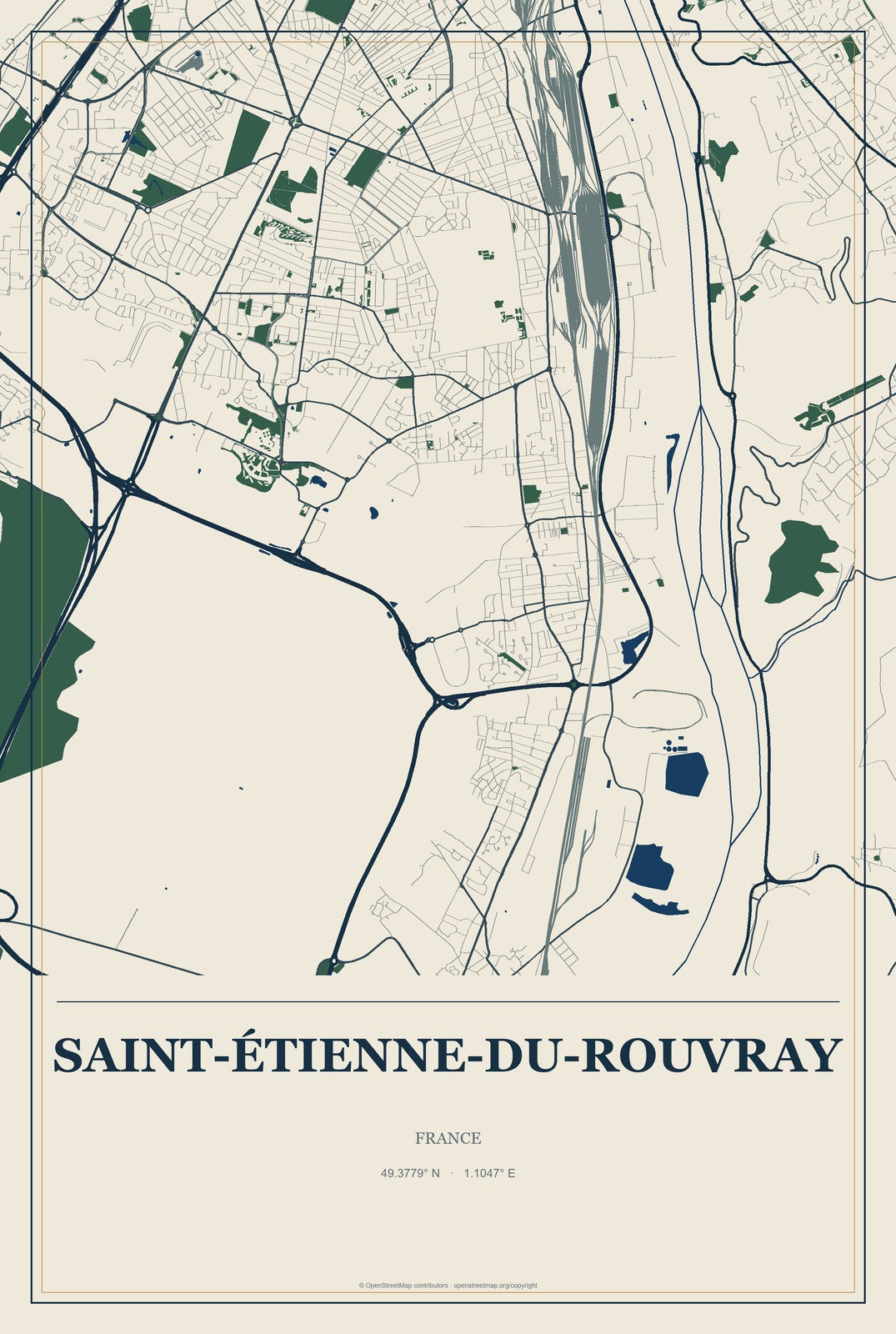 Saint-Étienne-du-Rouvray, France City Map Aluminum Sign in Coastal Cutout style