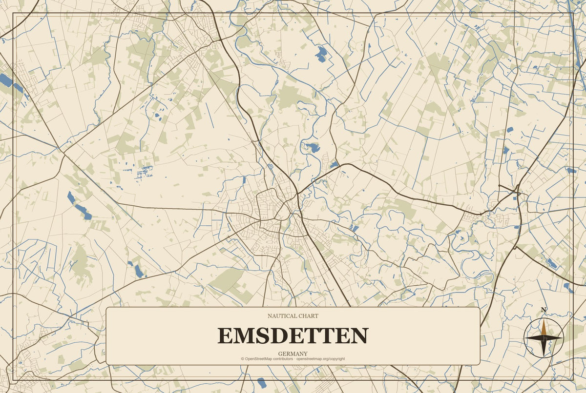 Emsdetten, Germany City Map Aluminum Sign in Heritage Nautical style