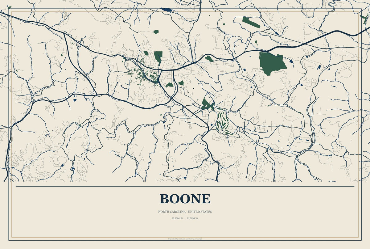 Boone, North Carolina City Map Aluminum Sign in Coastal Cutout style