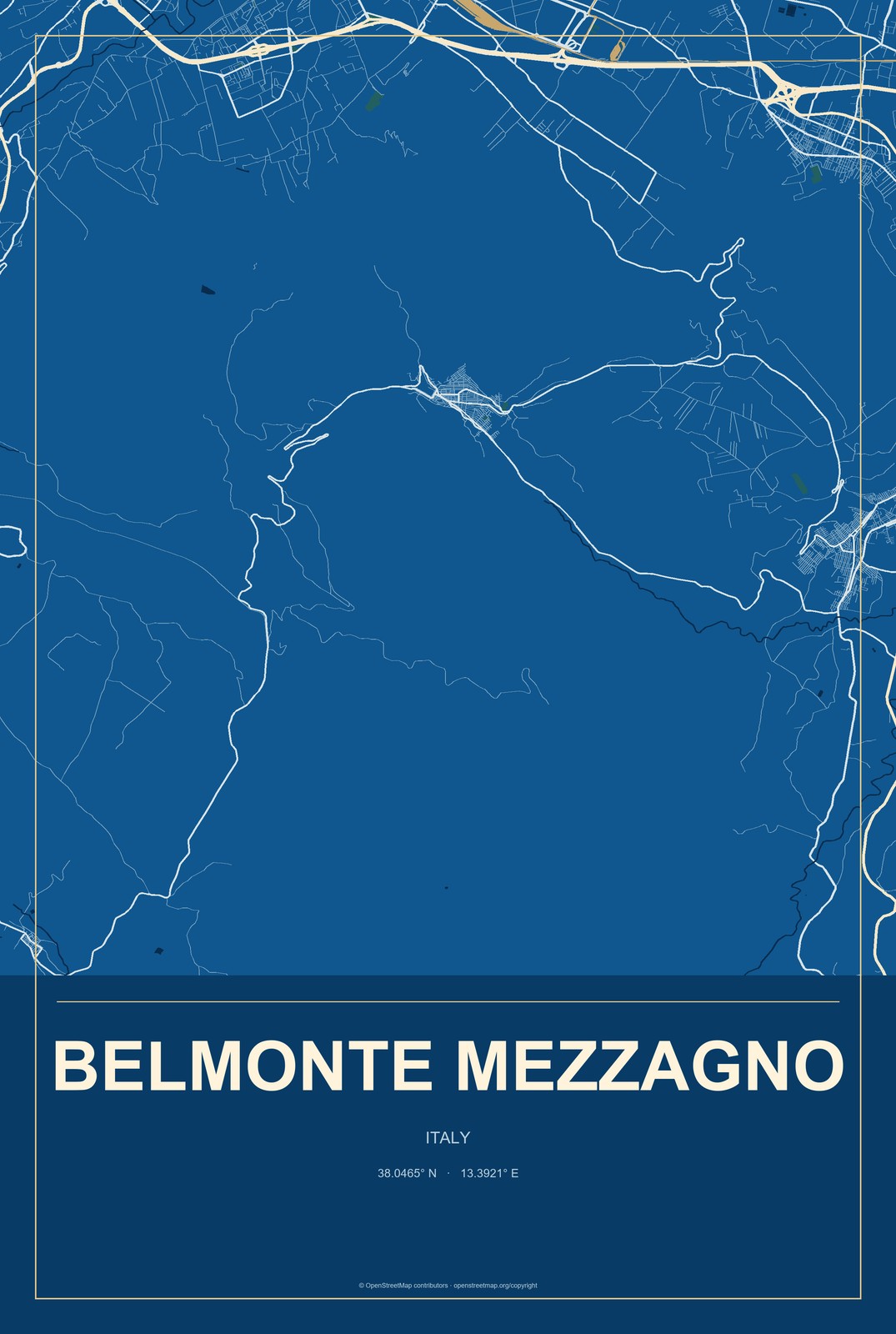Belmonte Mezzagno, Italy City Map Aluminum Sign in Harbor Cobalt style