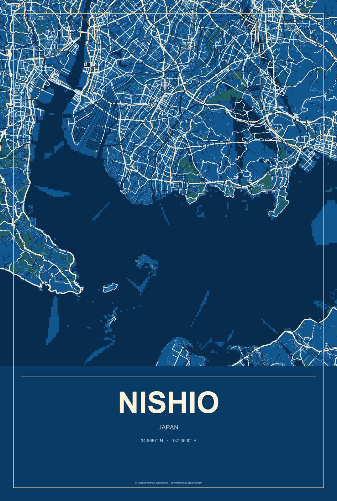 Nishio, Japan City Map Aluminum Sign in Harbor Cobalt style
