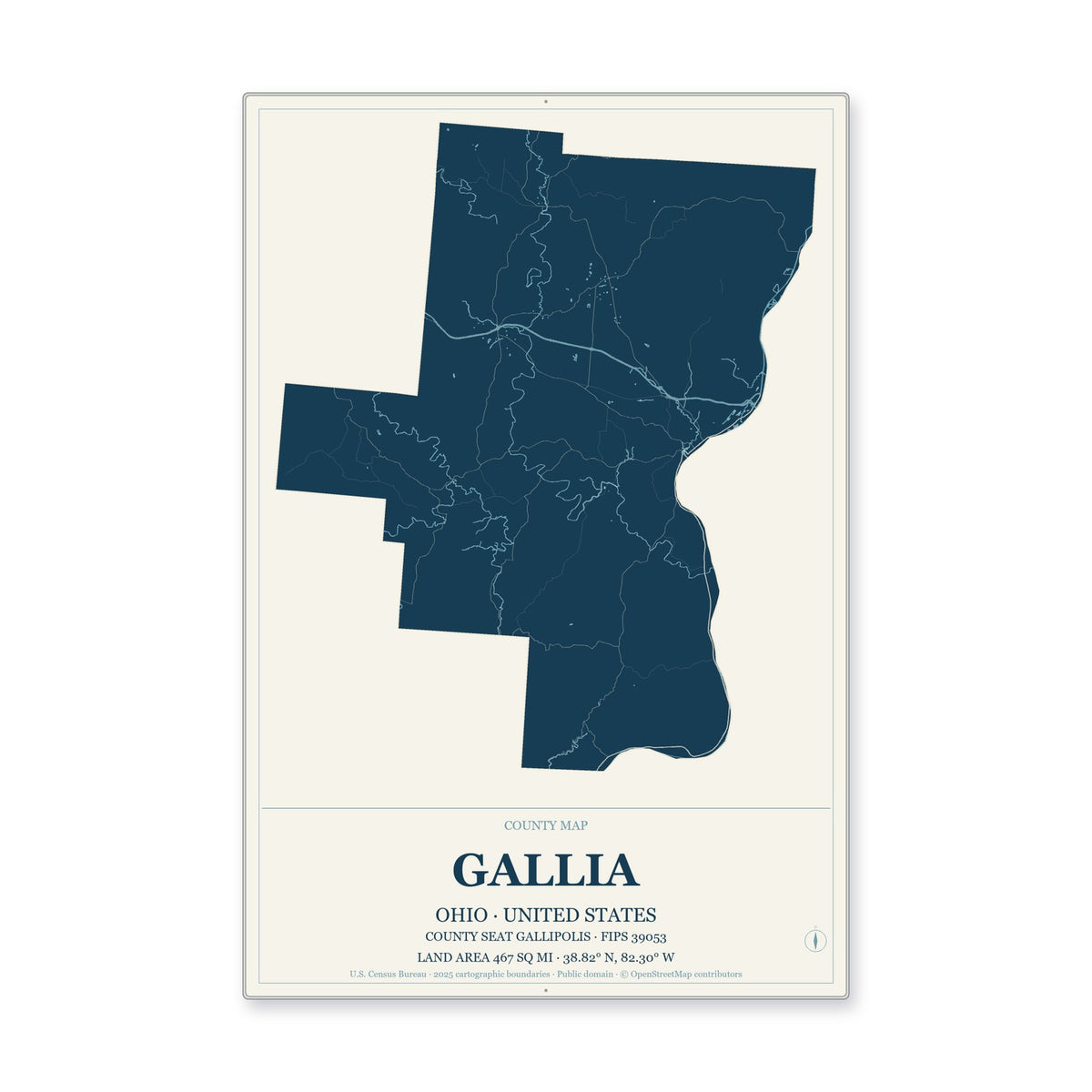Gallia County, Ohio Map Aluminum Sign in Coastal Cutout style