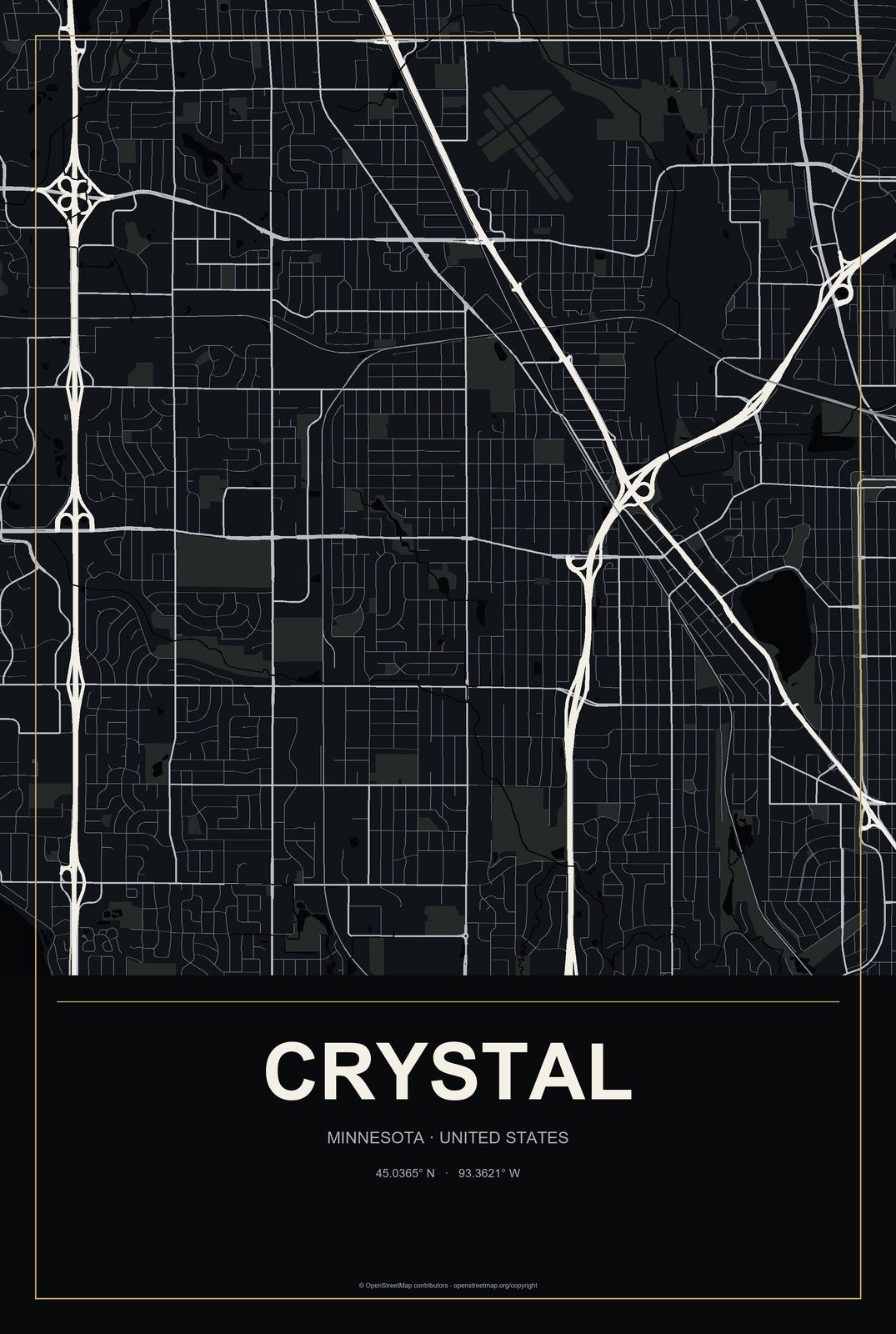 Crystal, Minnesota City Map Aluminum Sign in Metropolitan Noir style