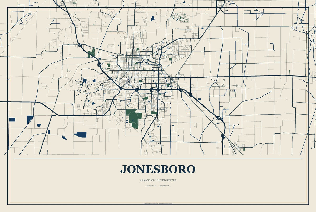 Jonesboro, Arkansas City Map Aluminum Sign in Coastal Cutout style