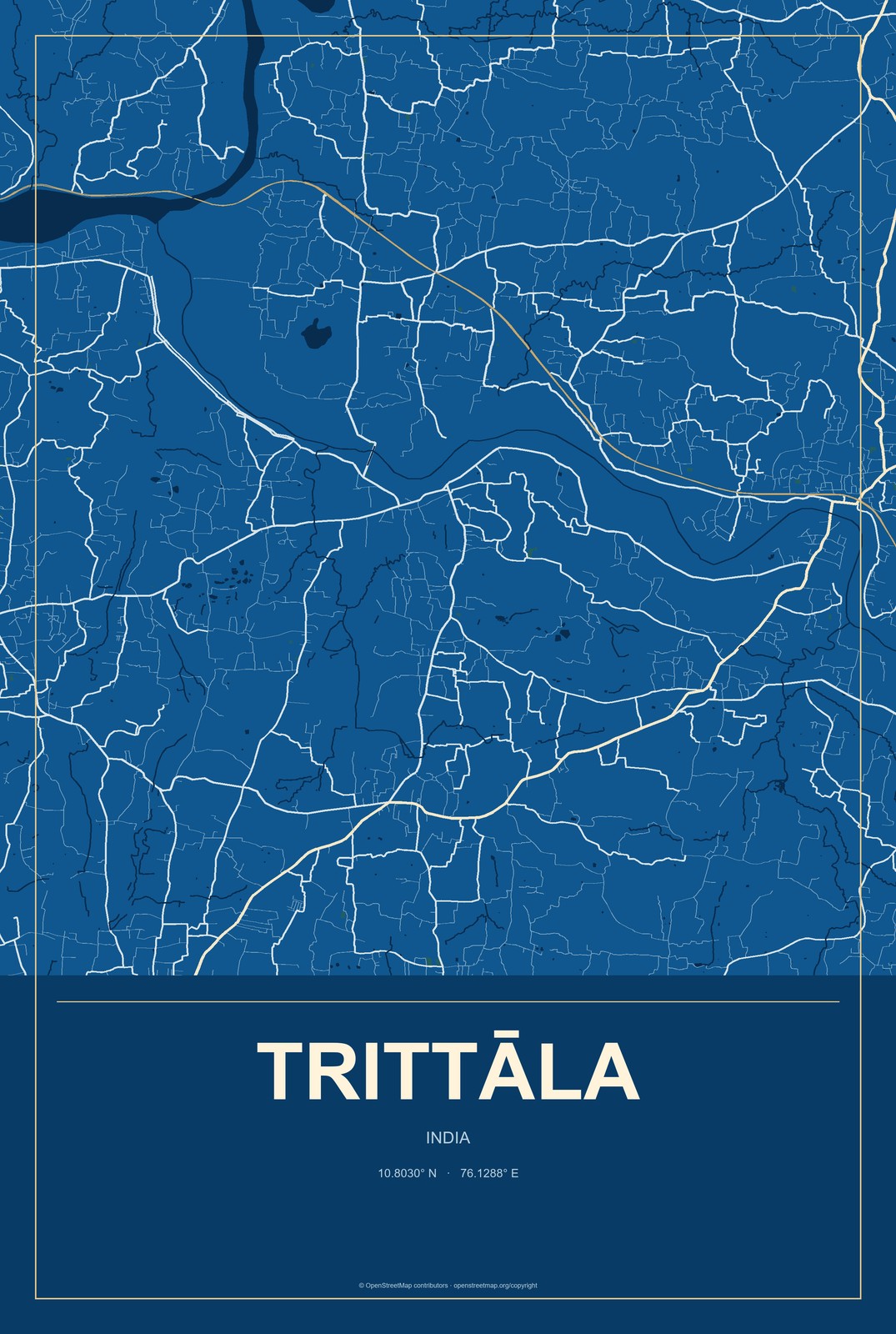 Trittāla, India City Map Aluminum Sign in Harbor Cobalt style